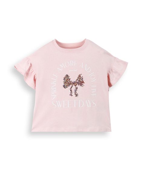 blusa infantil de algodão com laço de paetê e babados rosa