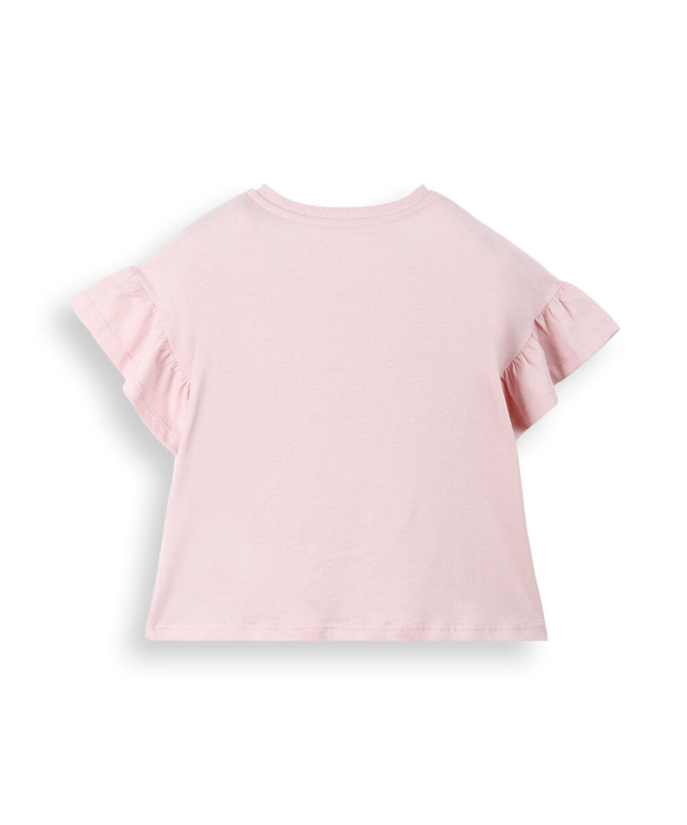 blusa infantil de algodão com laço de paetê e babados rosa
