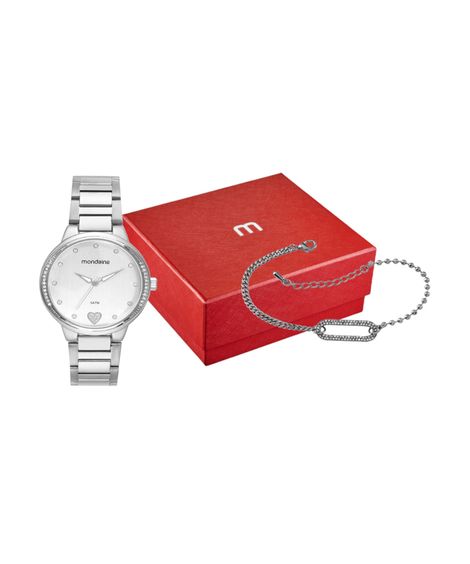 kit relógio feminino mondaine analógico 32776l0mkne2k1 prateado