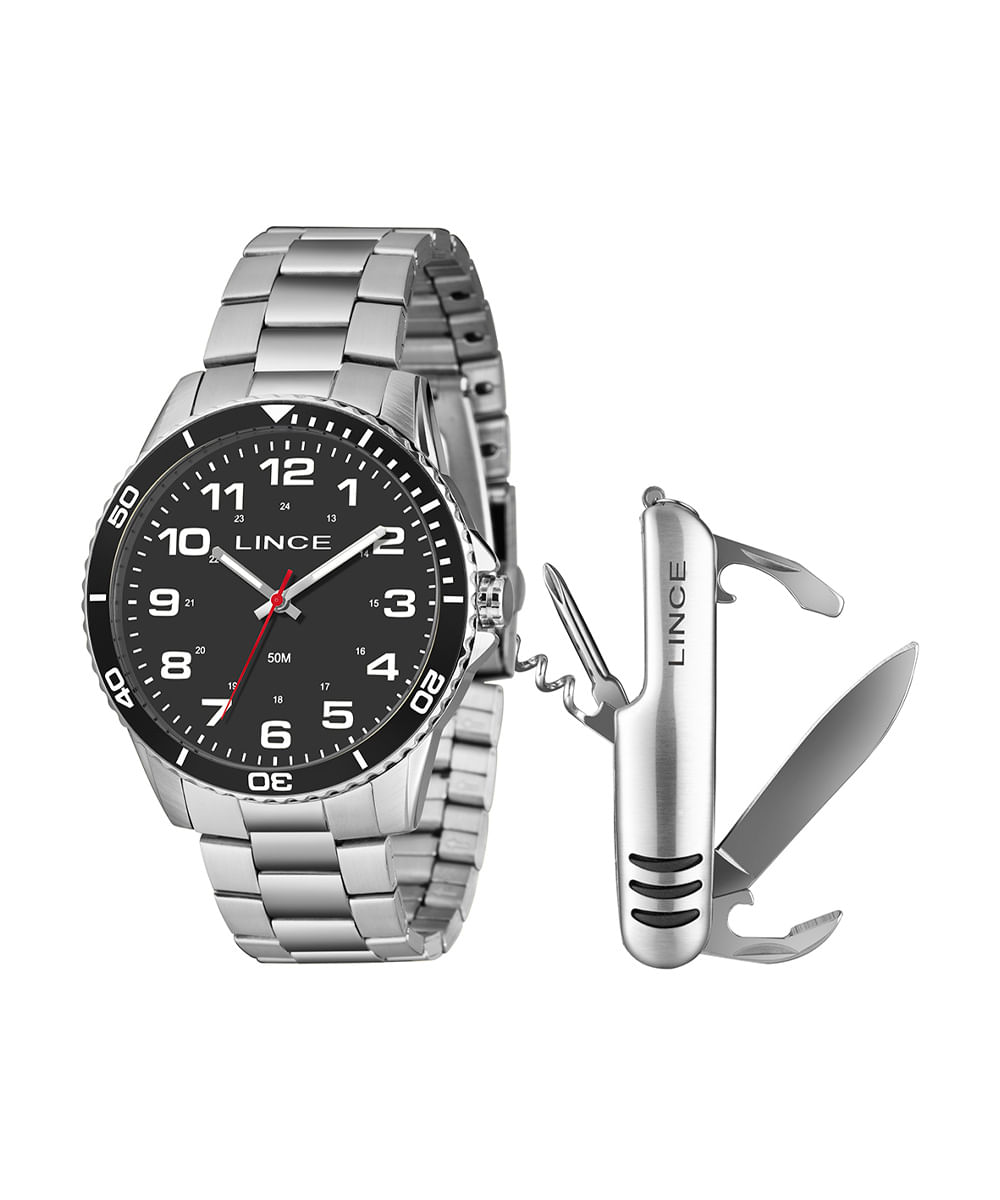 kit relógio masculino lince analógico mrmm053l46 kbrmp2sx prateado