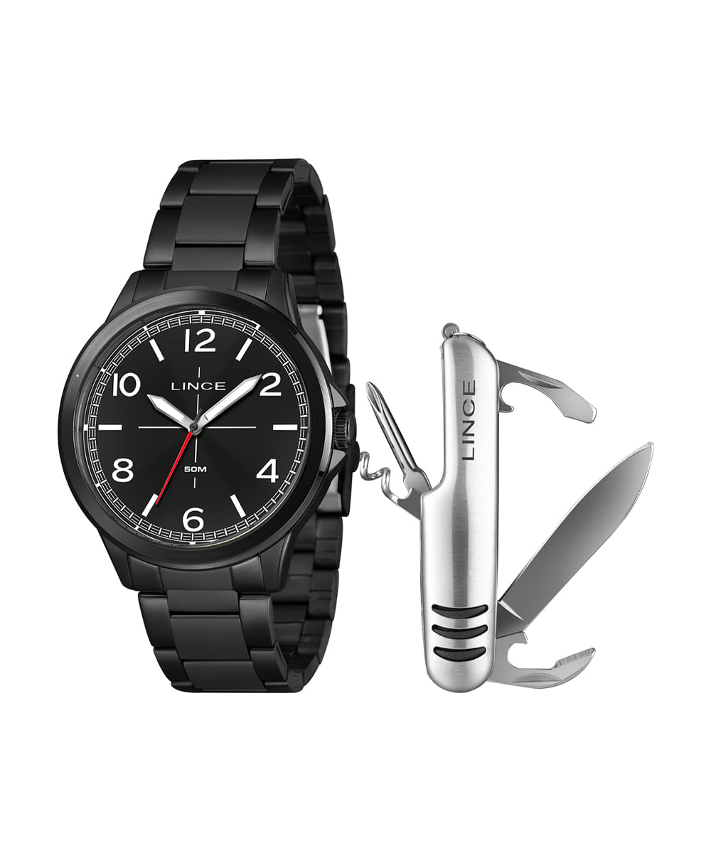 kit relógio masculino lince analógico mrnm054l46 kaeip2px preto
