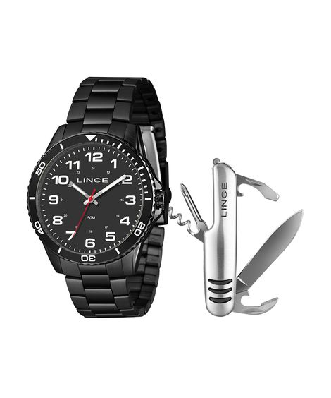 kit relógio masculino lince analógico mrnm053l46 kaehp2px preto