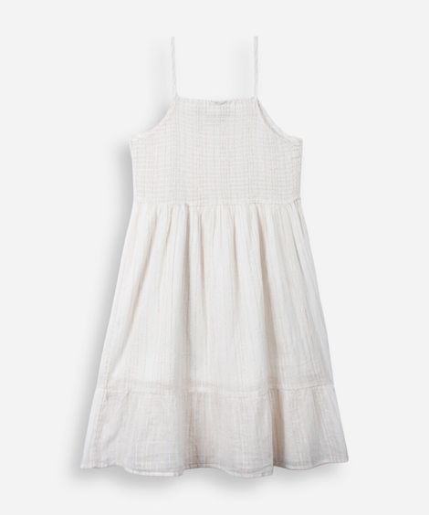 vestido curto juvenil de algodão texturizado com lurex off white