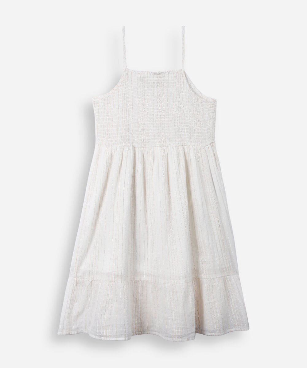 vestido curto juvenil de algodão texturizado com lurex off white