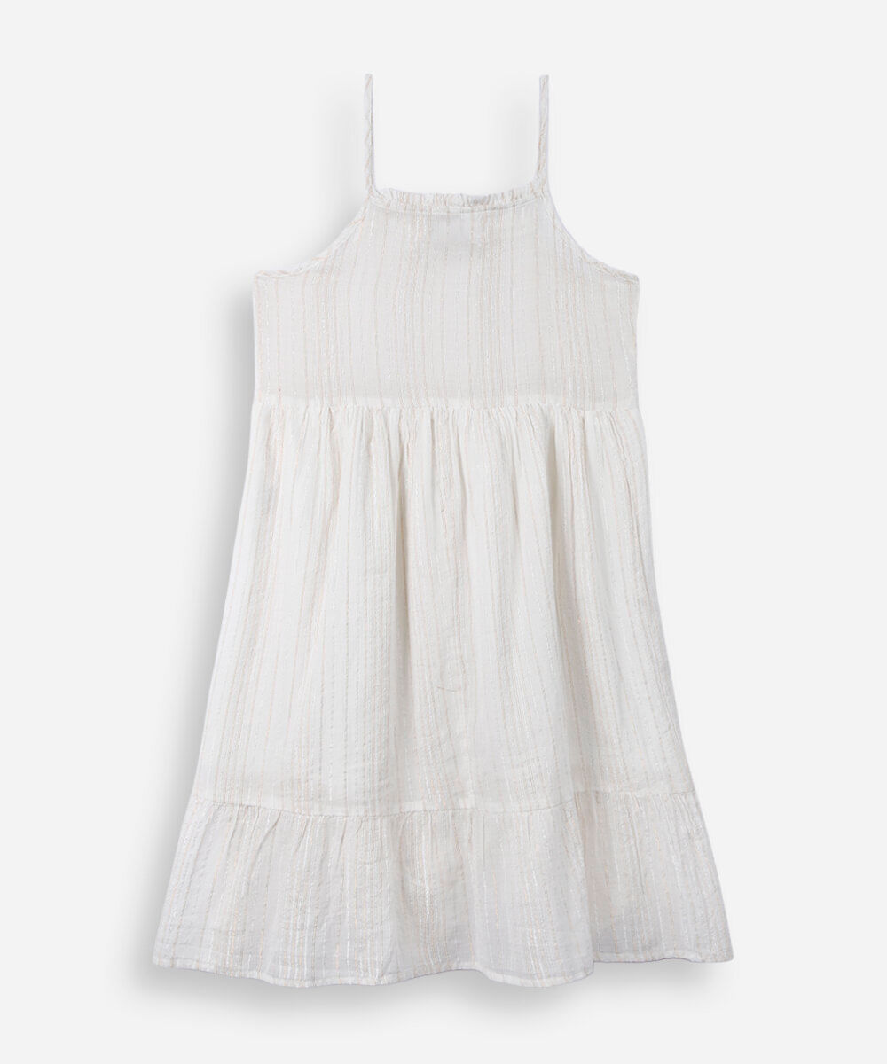 vestido curto juvenil de algodão texturizado com lurex off white