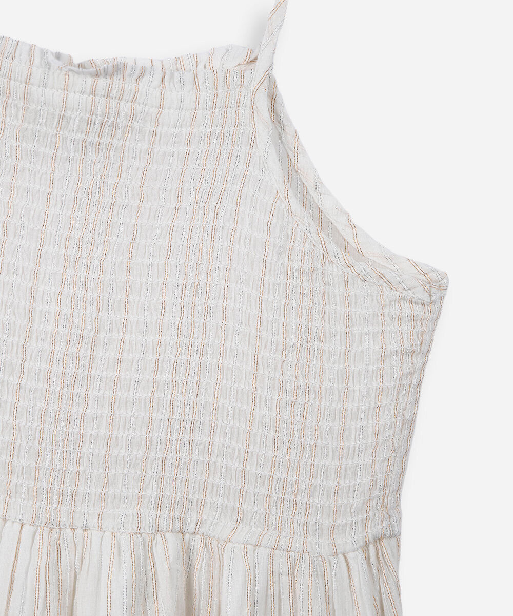 vestido curto juvenil de algodão texturizado com lurex off white