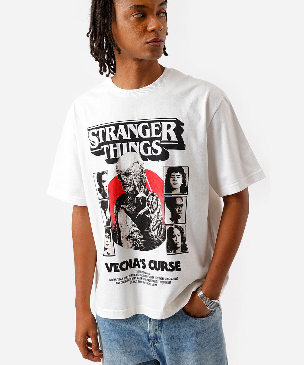 camiseta box fit masculina de algodão stranger things off white