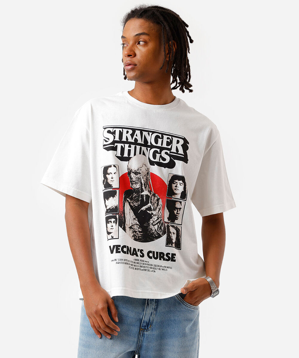 camiseta box fit masculina de algodão stranger things off white