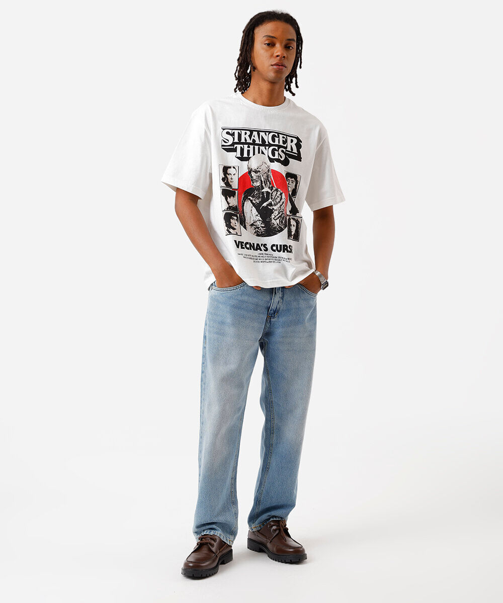 camiseta box fit masculina de algodão stranger things off white