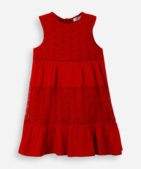 vestido evasê infantil de viscose com bordados vermelho