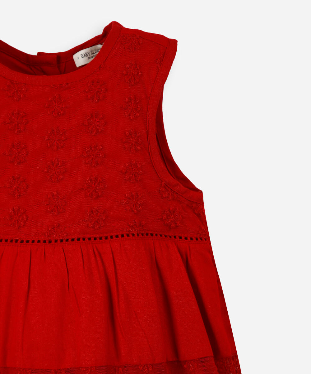 vestido evasê infantil de viscose com bordados vermelho