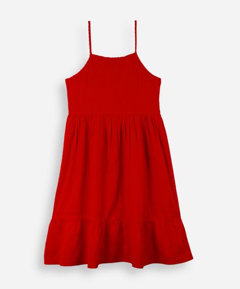 vestido curto juvenil de algodão texturizado lastex vermelho