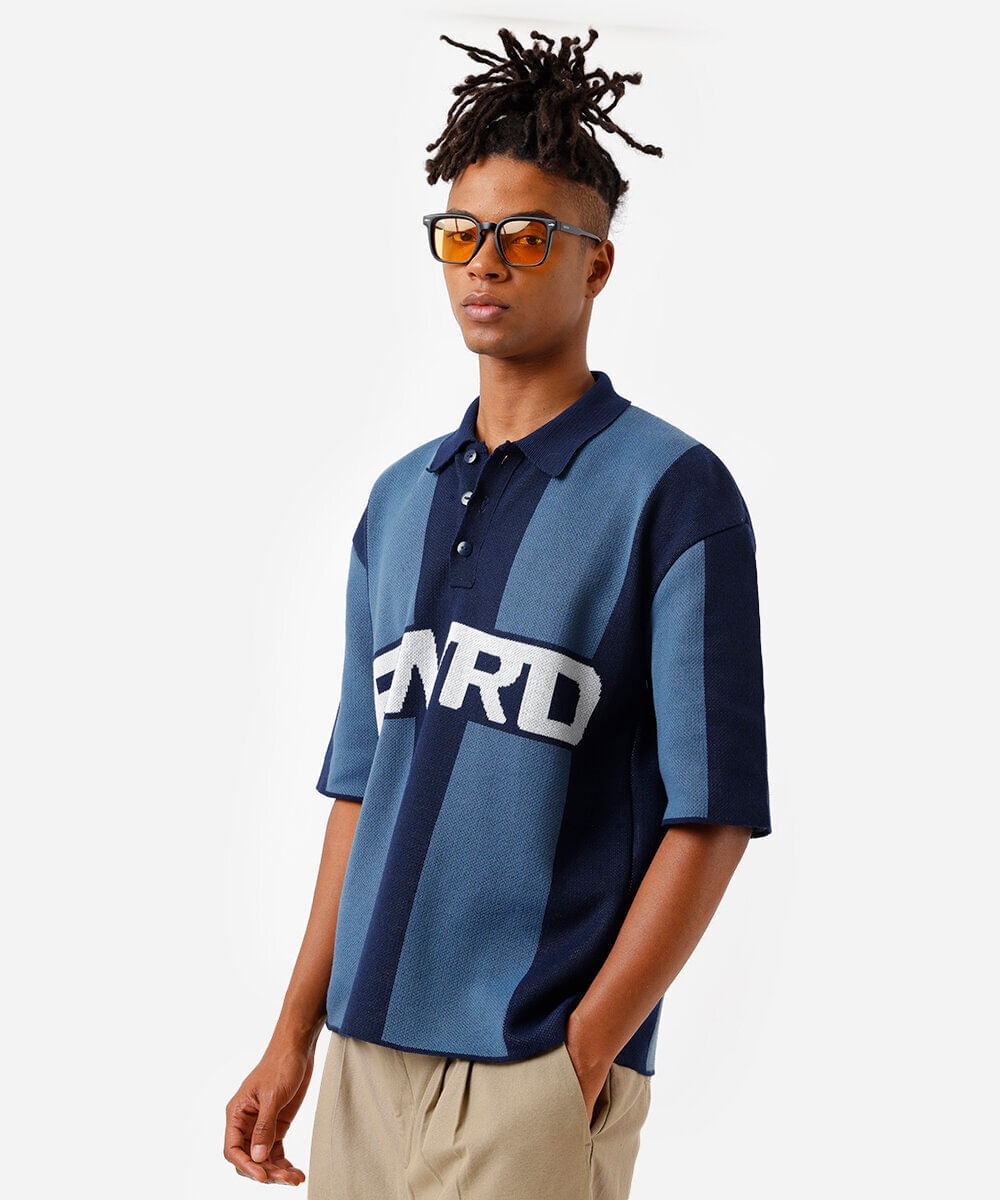 polo box fit masculina de tricot listrada azul