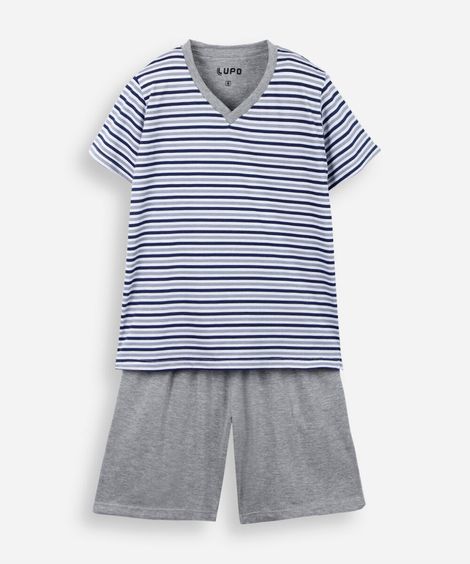 pijama infantil de algodão listrado cinza