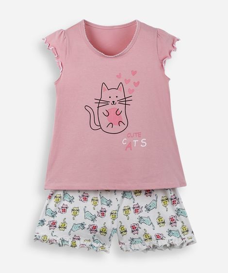 pijama infantil de algodão com estampa de gatos lupo rosa