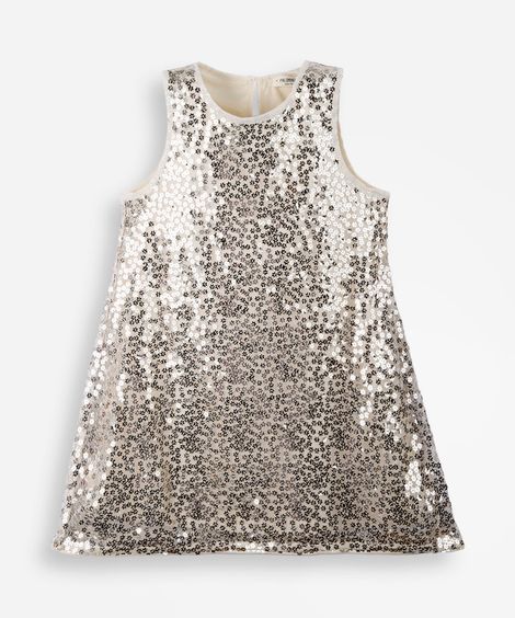 vestido evasê infantil de paetê dourado