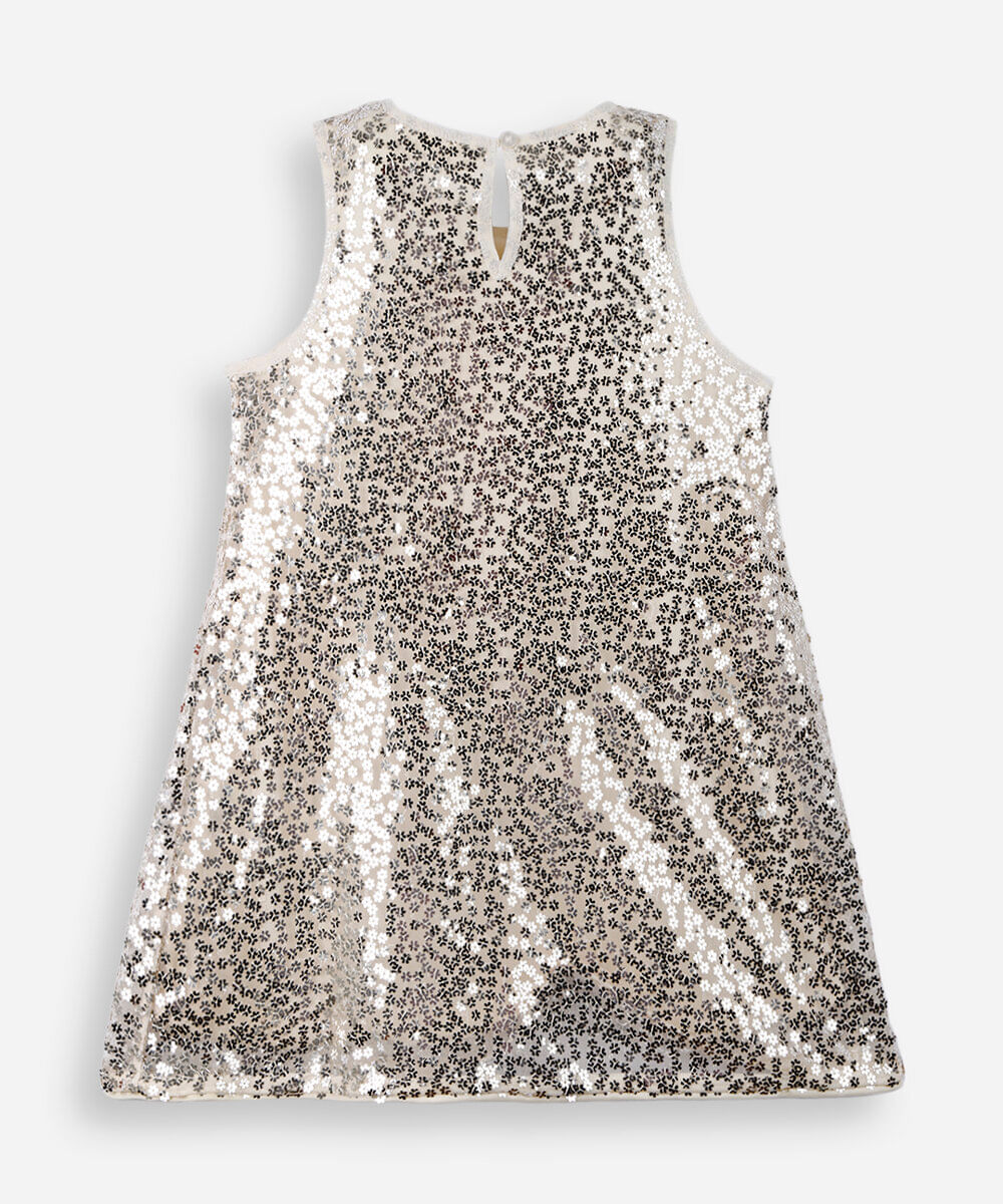 vestido evasê infantil de paetê dourado