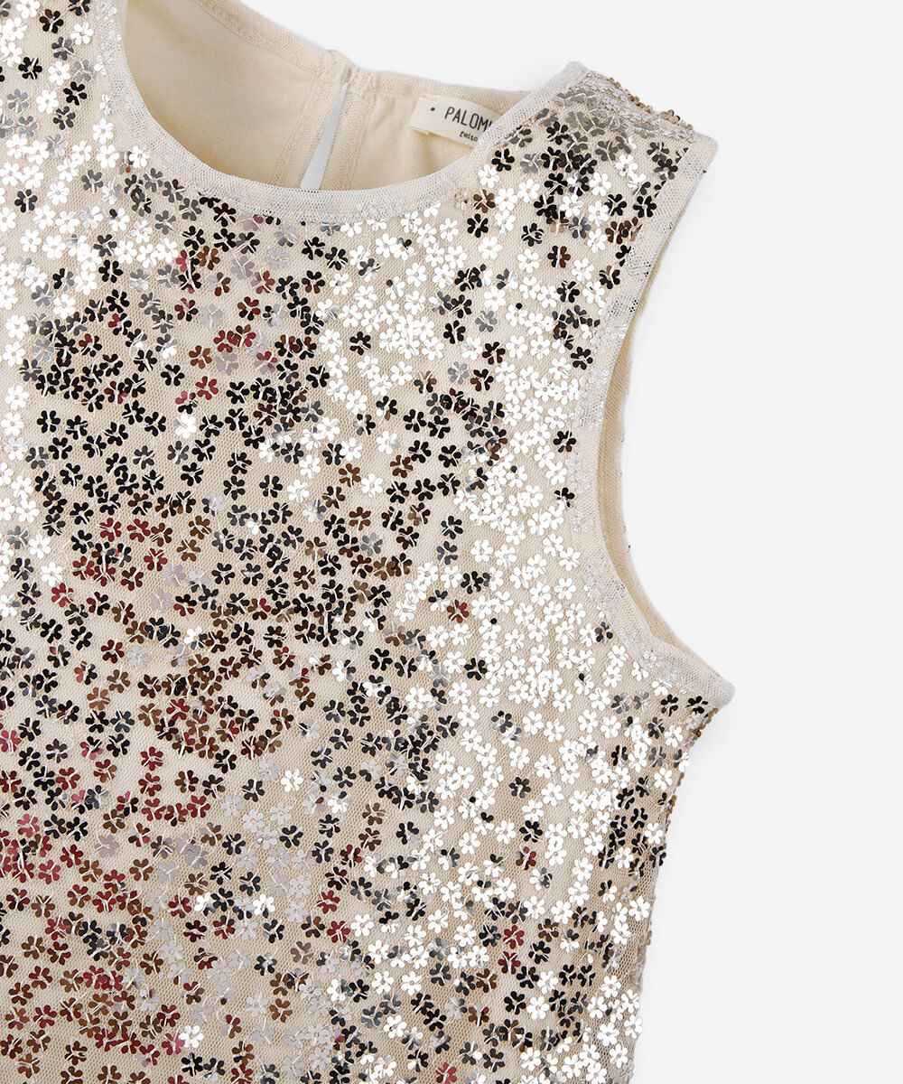 vestido evasê infantil de paetê dourado