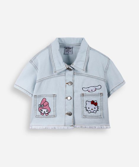 camisa infantil jeans bordado hello kitty azul