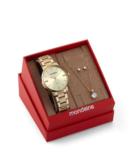 kit relógio mondaine 32600lpmkde1k1 analógico dourado