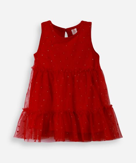 vestido infantil de tule com corações vermelho