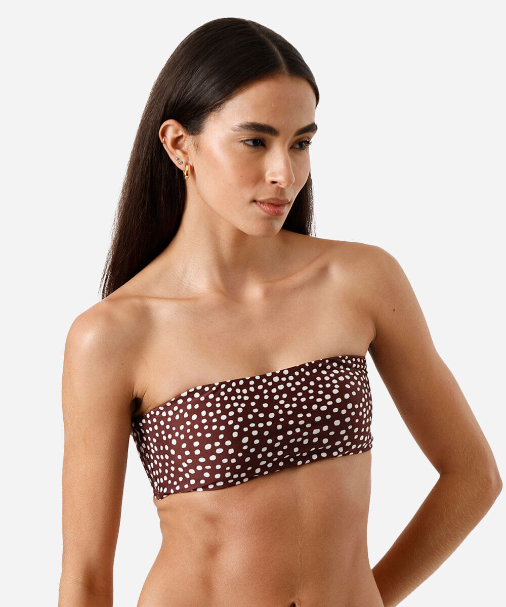 biquíni top faixa feminino sem alça poá marrom