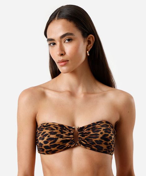 biquíni top feminino sem alça franzido animal print colorido