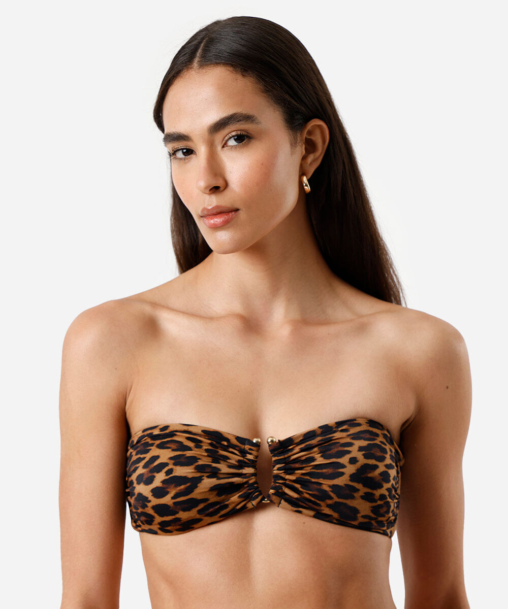 biquíni top feminino sem alça franzido animal print colorido