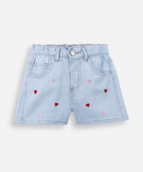 short jeans em algodão com bordados de corações azul