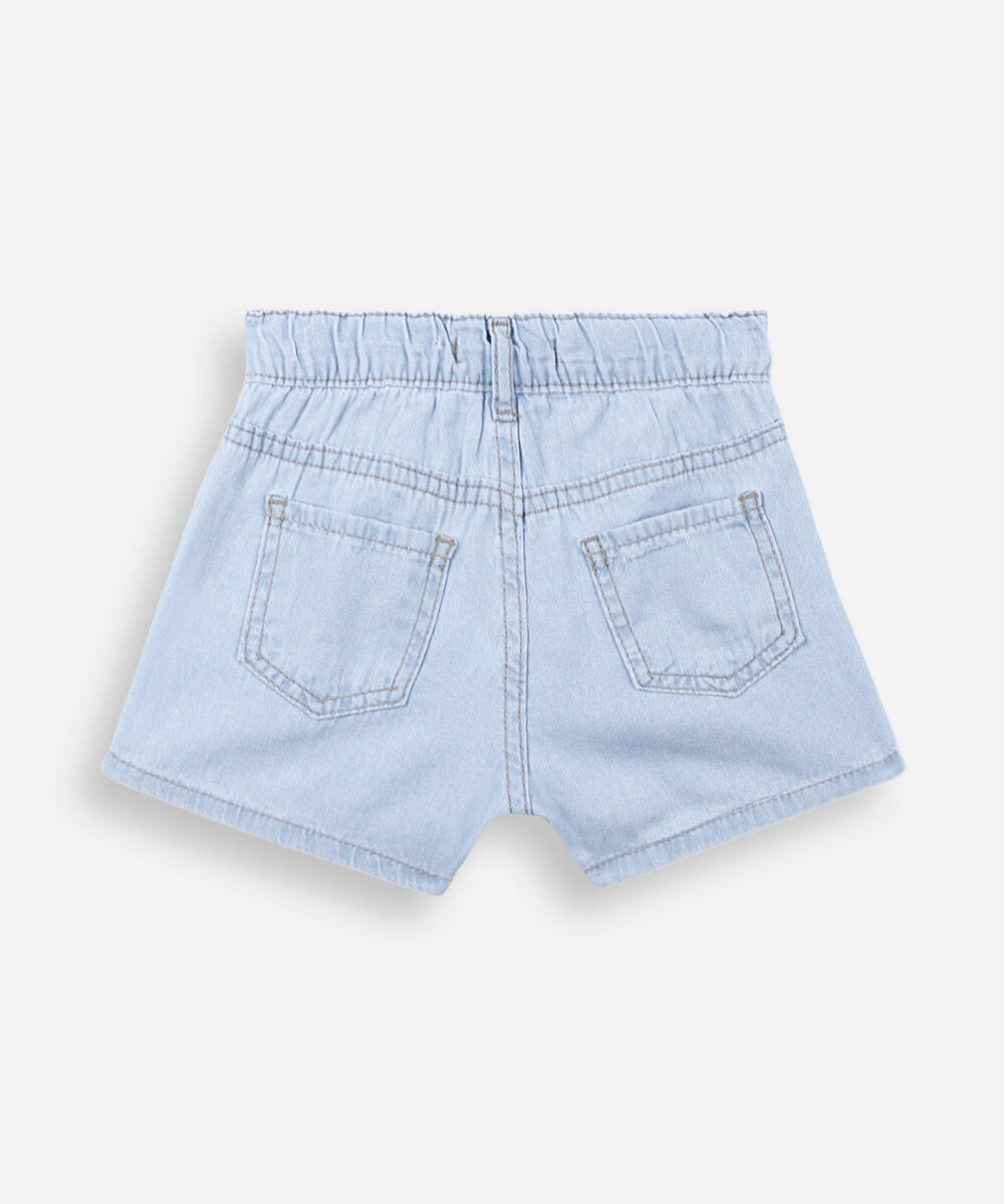 short jeans em algodão com bordados de corações azul