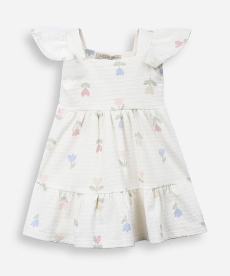 vestido infantil de algodão texturizado floral off white
