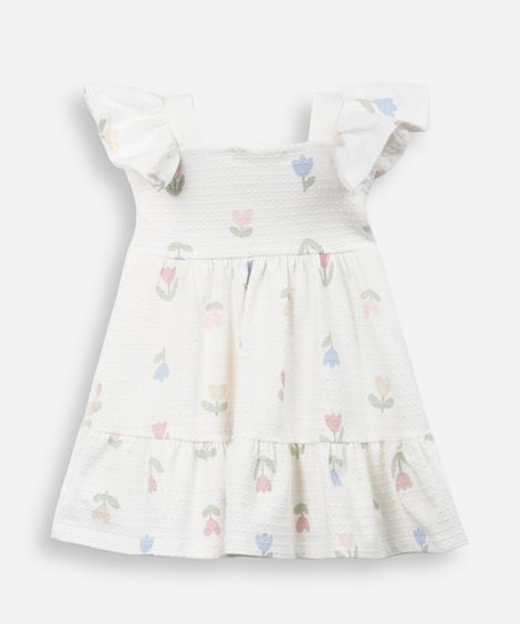 vestido infantil de algodão texturizado floral off white