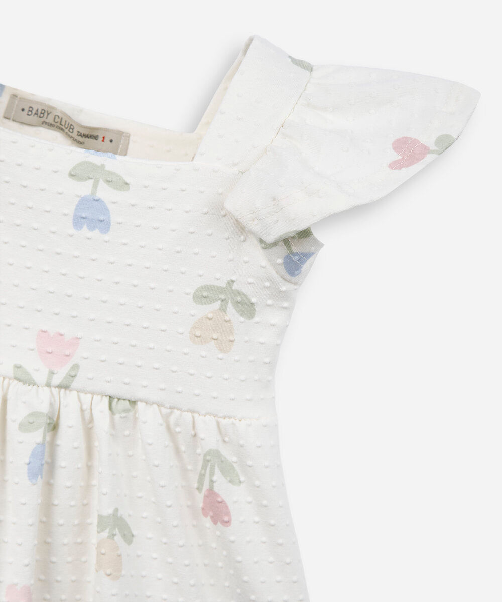 vestido infantil de algodão texturizado floral off white