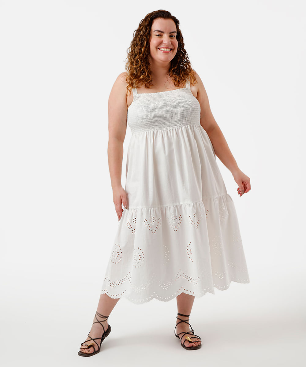 vestido midi com recortes plus size off white
