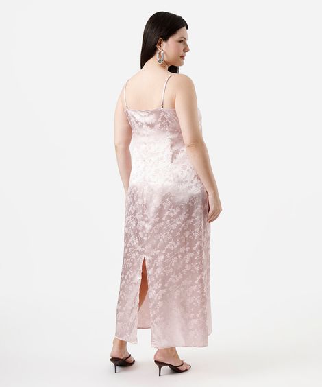 vestido midi plus size alça fina feminino floral acetinado rosa