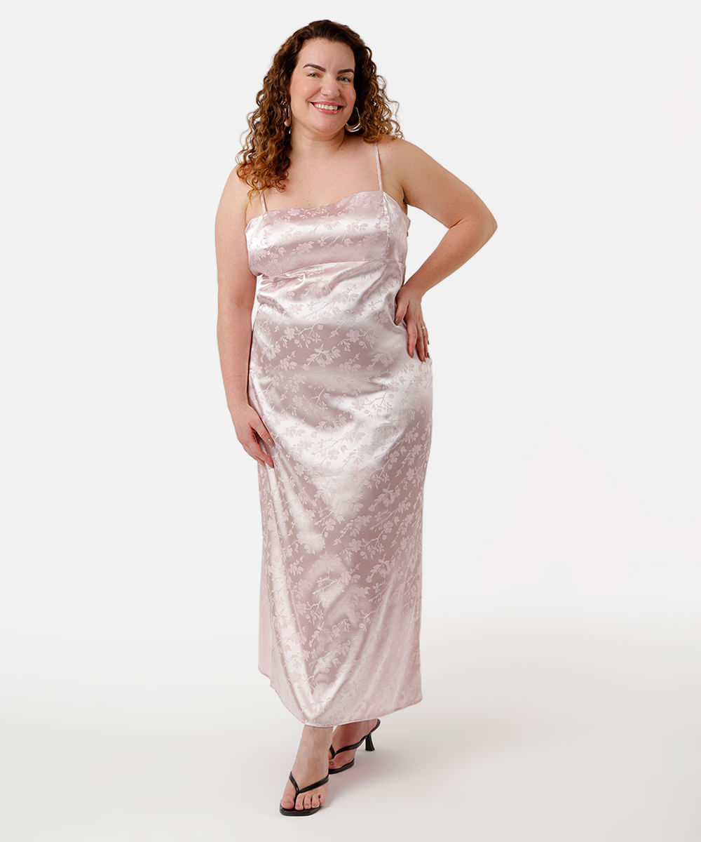 vestido midi plus size alça fina feminino floral acetinado rosa