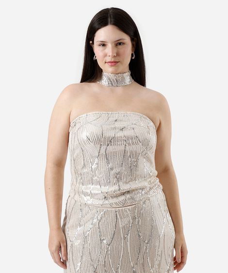 blusa sem alça feminina de paetê com lenço mindset plus size bege