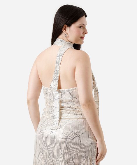 blusa sem alça feminina de paetê com lenço mindset plus size bege