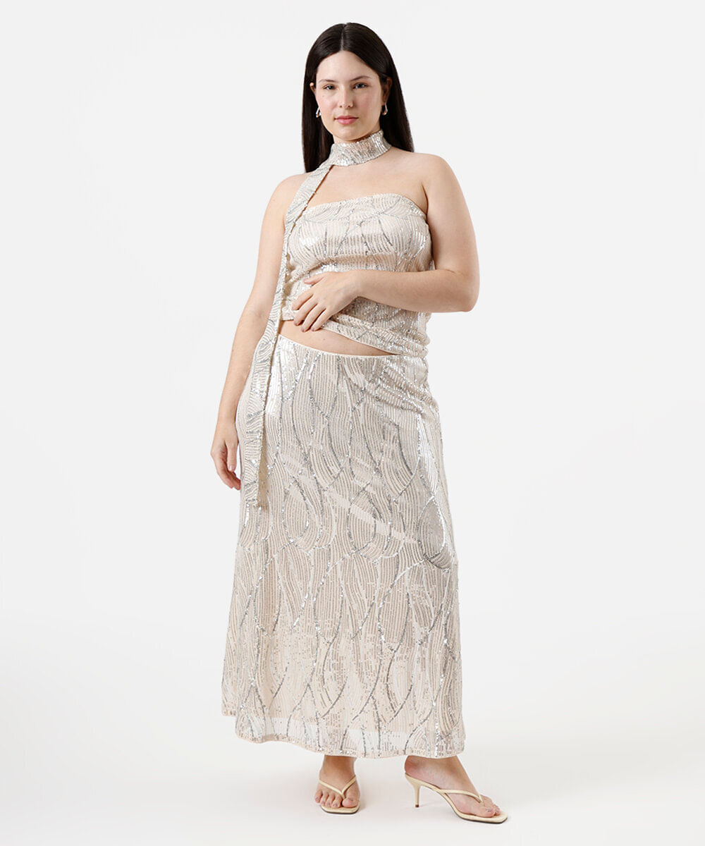 blusa sem alça feminina de paetê com lenço mindset plus size bege