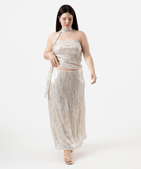 saia longa feminina de paetê mindset plus size bege