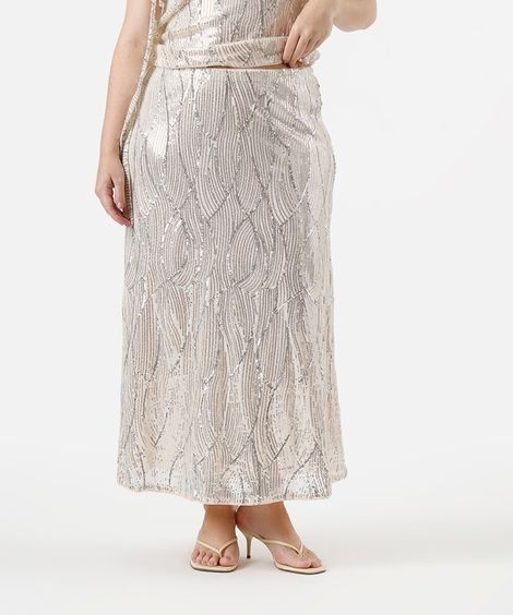 saia longa feminina de paetê mindset plus size bege