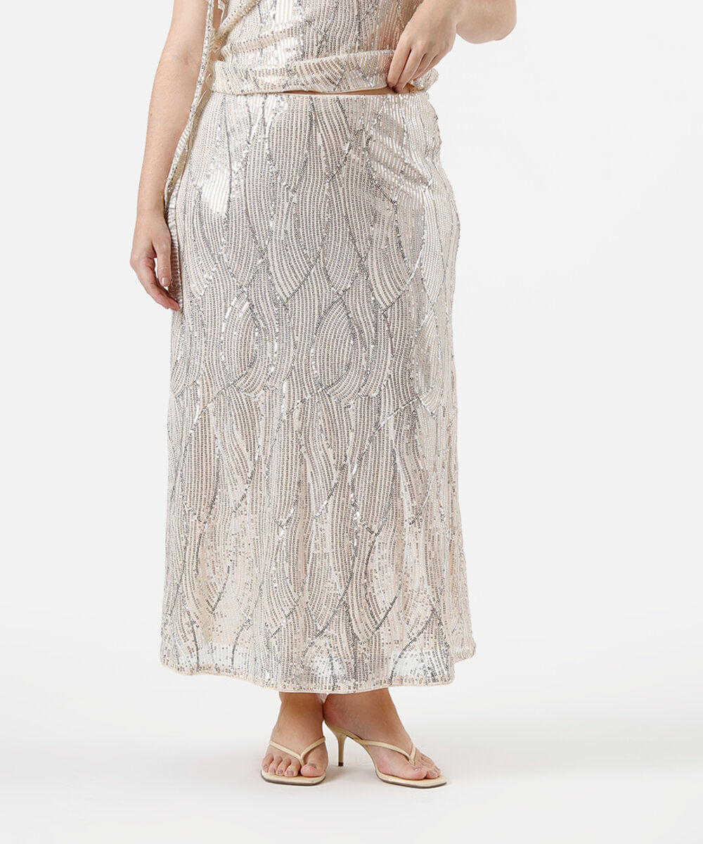 saia longa feminina de paetê mindset plus size bege