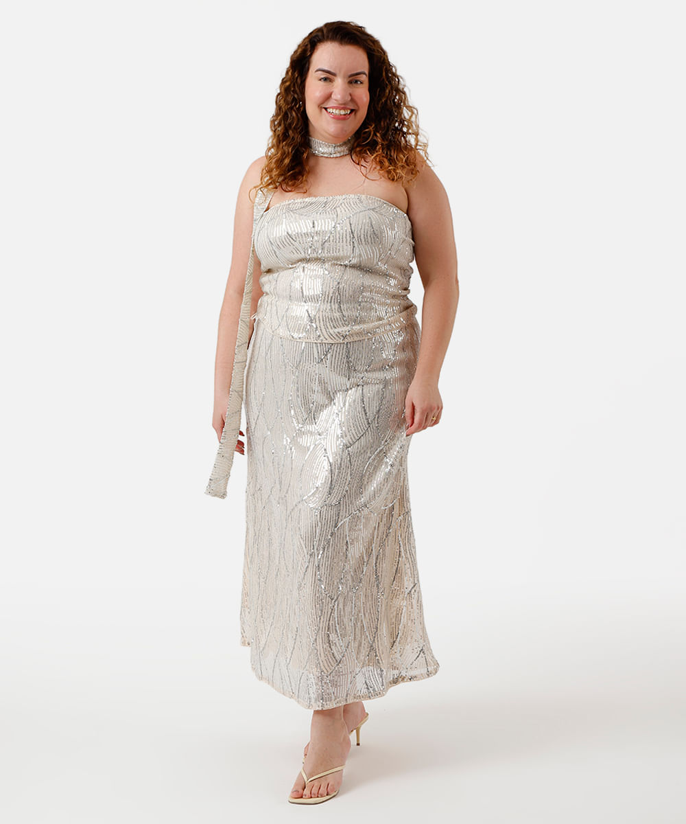 saia longa feminina de paetê mindset plus size bege
