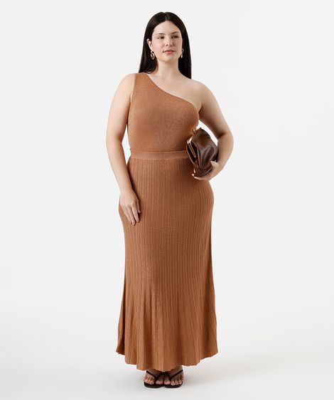 saia longa feminina de tricot com lurex canelada plus size marrom