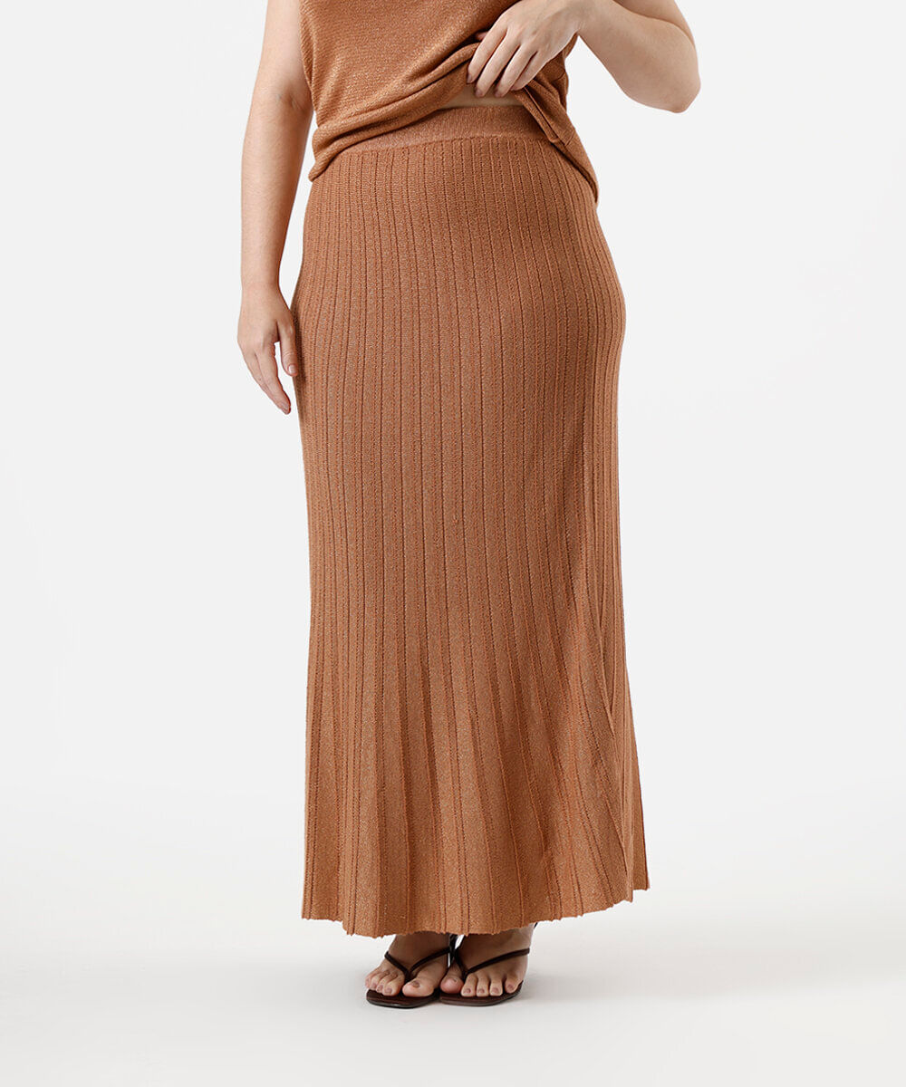 saia longa feminina de tricot com lurex canelada plus size marrom