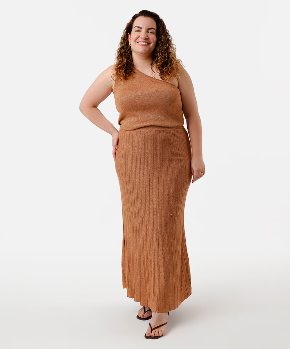 saia longa feminina de tricot com lurex canelada plus size marrom