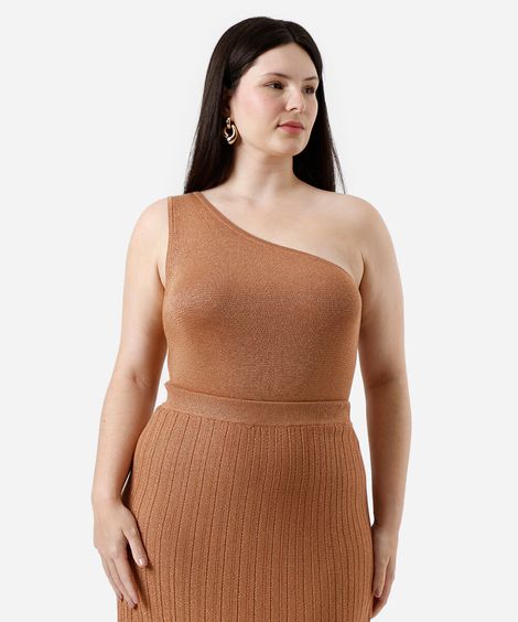 bulsa ombro único feminina de tricot com lurex plus size marrom