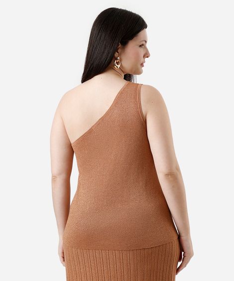 bulsa ombro único feminina de tricot com lurex plus size marrom