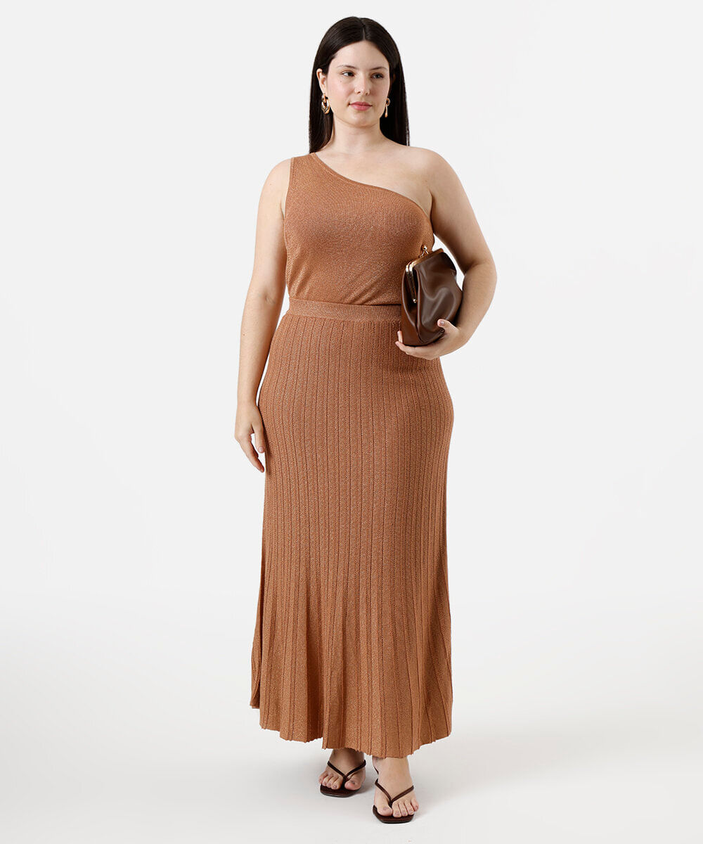 bulsa ombro único feminina de tricot com lurex plus size marrom