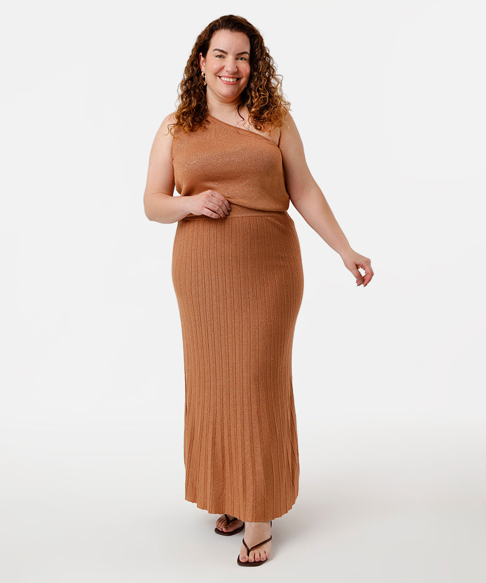 bulsa ombro único feminina de tricot com lurex plus size marrom